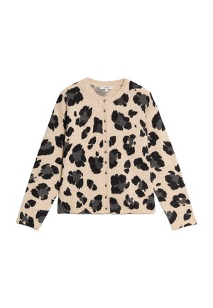 Cárdigan beige con estampado de leopardo negro. Presenta un escote redondo, cierre frontal con botones y mangas largas. Tejido texturizado.