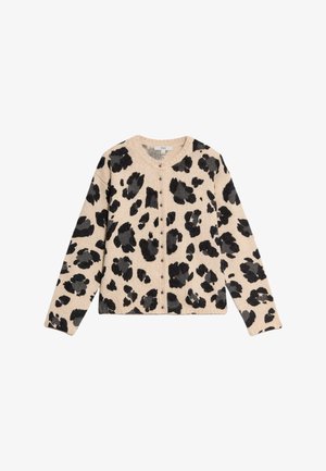 Béžový kardigan s černým leopardím potiskem. Má kulatý výstřih, zapínání na knoflíky vpředu a dlouhé rukávy. Texturovaná látka.
