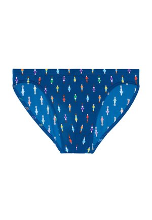 Culotte de bikini bleue avec un motif de petites figures stylisées de personnes colorées, espacées uniformément sur le tissu.