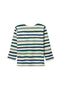 Chemise à manches longues en tissu léger, avec des rayures horizontales en vert foncé, vert clair et bleu sur un fond crème. Encolure ronde.