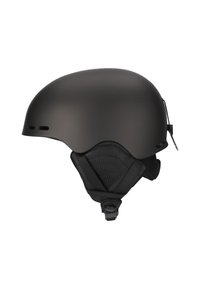 Black matte ski helmet featuring a rounded design, adjustable straps, ventilation holes, and a textured inner lining for comfort.