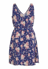 Robe bleue sans manches avec imprimé floral rose et blanc, décolleté en V et taille cintrée avec une ceinture fine.