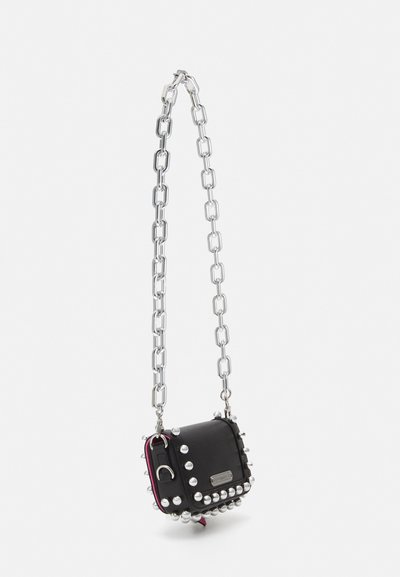 Black leather bag with silver studs, a silver chain strap, and a pink interior. Rectangular shape with a zipper and decorative hardware.