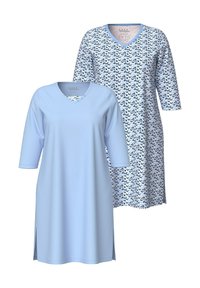 Camicie da notte in cotone azzurro chiaro, una uniforme e una con motivo a onde, entrambe presentano scollature a V e maniche a tre quarti, con spacchi laterali.