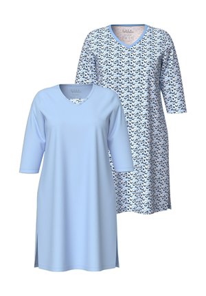 Camisones de algodón azul claro, uno liso y otro con un patrón de olas, ambos presentan cuellos en V y mangas de tres cuartos, con aberturas laterales.