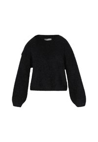 Zwarte fuzzy cropped trui met lange mouwen, een ronde halslijn en licht voluminieuze mouwen.