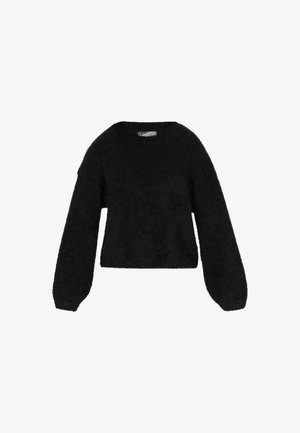 Musta pörröinen pitkähihaisen cropped neule, jossa on pyöreä pääntie ja hieman puffimaisten hihojen design.