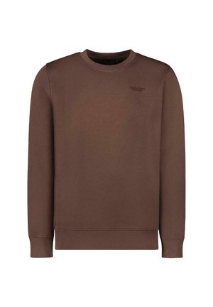 Bruine langemouwen sweatshirt met ronde hals en ribgebreide manchetten, voorzien van een subtiel logo op de borst, weergegeven tegen een witte achtergrond.