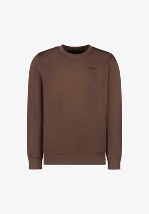 Bruine langemouwen sweatshirt met ronde hals en ribgebreide manchetten, voorzien van een subtiel logo op de borst, weergegeven tegen een witte achtergrond.