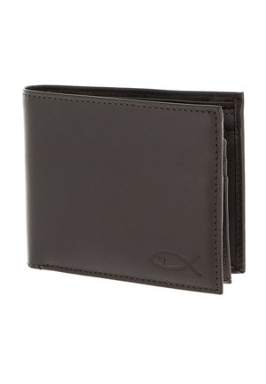 Portefeuille en cuir brun foncé à deux volets avec bords cousus et symbole de poisson embossé en bas à droite à l'avant.