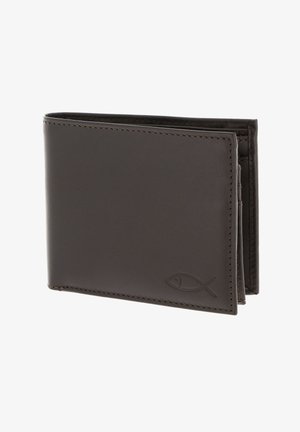 Portefeuille en cuir brun foncé à deux volets avec bords cousus et symbole de poisson embossé en bas à droite à l'avant.