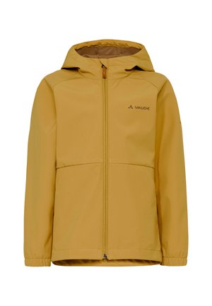 Senfgelbe Kapuzenjacke mit Frontreißverschluss und elastischen Bündchen, mit Vaude-Logo auf der Brust.