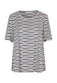 Camiseta de rayas en azul marino y crema, con mangas cortas, escote redondeado y un ajuste holgado con un dobladillo ligeramente curvado.