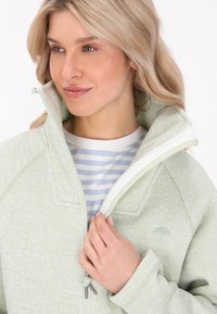 Giacca a zip in pile verde chiaro con colletto alto, morbido rivestimento interno e una texture sottile. Indossata sopra una camicia a righe.
