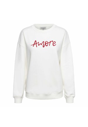 Witte sweatshirt van zachte stof, voorzien van rood geborduurde tekst "Amore" aan de voorkant, met geribbelde manchetten en een ronde halslijn.