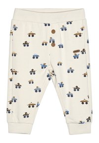 Béžové dětské kalhoty s elastickým pasem. Mají malé barevné potisky vozidel v modré, hnědé a žluté barvě po celém povrchu. Dvoje hnědé knoflíky.