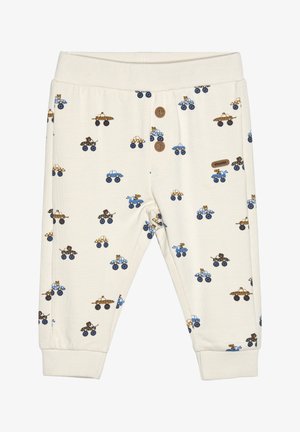 Pantalons enfants beiges avec une taille élastique. Présente des impressions de petits véhicules colorés en bleu, marron et jaune sur l'ensemble. Deux boutons marron.