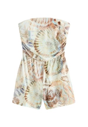 Rihmadeta kombekas elastse vöökohaga, millel on hele sinine, beež ja pruun merikarbimuster pehmel kangal.