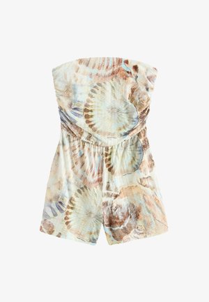 Rihmadeta kombekas elastse vöökohaga, millel on hele sinine, beež ja pruun merikarbimuster pehmel kangal.