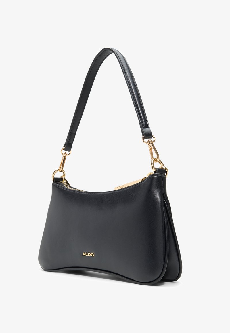 Sac à bandoulière en cuir noir avec ferrures dorées, fermeture éclair, sangle courte et logo "ALDO" au centre devant.