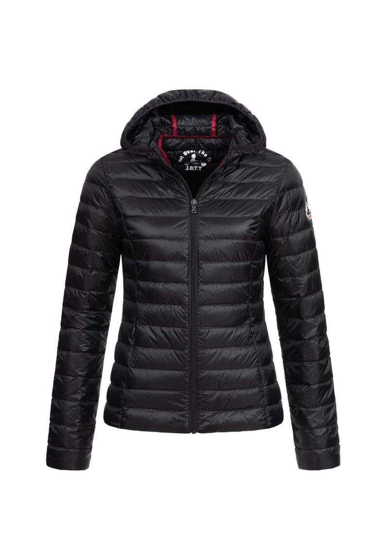 Giubbotto in piuma nero con zip, cappuccio e fodera rossa. Presenta un design a righe orizzontali e una toppa con logo sulla manica sinistra.