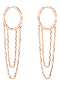 Boucles d'oreilles créoles en or rose avec trois chaînes serpent qui descendent. Forme circulaire lisse avec une finition polie. Les chaînes créent un effet de superposition.
