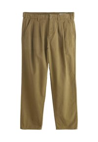 Khaki-colored trousers made of textured fabric, featuring pleats at the front, side pockets, and a button closure at the waist.