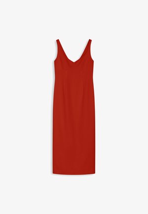 Rode mouwloze jurk met een V-hals en een getailleerde pasvorm. Gemaakt van een gladde stof, bevat het verticale naden voor structuur.