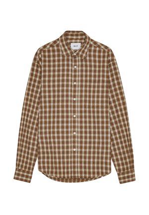 Brown and cream checkered long-sleeve shirt with a button-down collar and front buttons, featuring a curved hem and soft fabric texture.