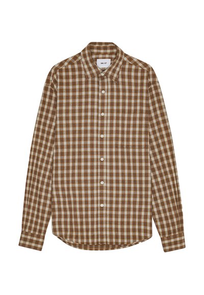 Braun- und cremefarbenes karierter Langarmhemd mit Button-Down-Kragen und vorderen Knöpfen, ausgestattet mit einem abgerundeten Saum und weichem Stoffgefühl.