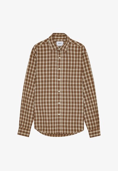 Brun och krämfärgad rutig långärmad skjorta med knappad krage och framknappar, med en böjd nederkant och mjukt tyg.