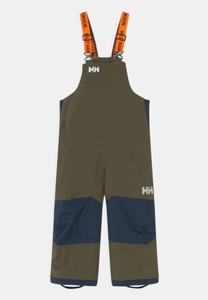 Groene en marineblauwe waterdichte bretels met verstelbare oranje banden. Voorzien van grote voorzakken en een logo op de borst.