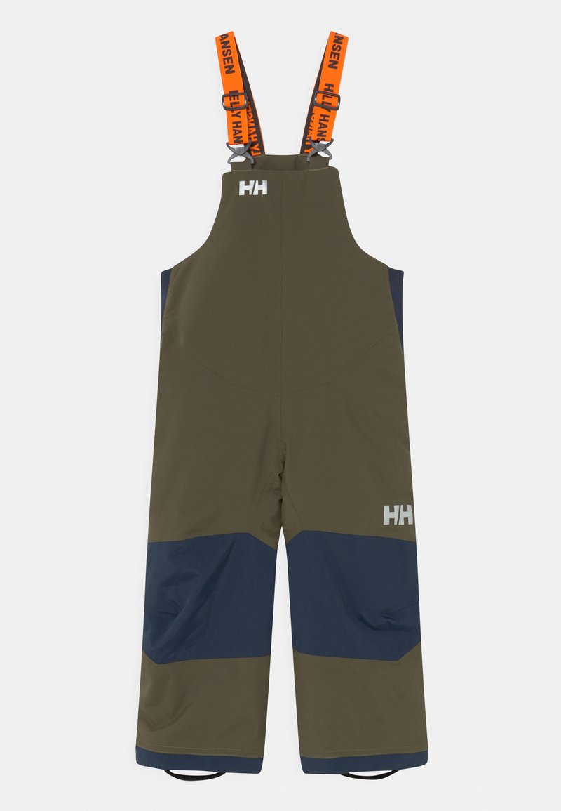 Gröna och marinblå vattentäta hängselbyxor med justerbara orangea remmar. Utrustad med stora framfickor och en logotyp på bröstet.