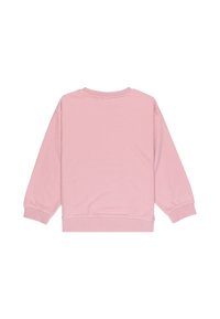 Sudadera rosa, material suave, mangas largas, cuello redondo, puños y dobladillo acanalados, textura lisa, diseño minimalista, sin patrones ni herrajes.