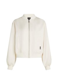 Veste bomber courte de couleur crème, dotée d'une fermeture éclair frontale, de poignets et ourlet côtelés, de deux poches latérales, d'une texture lisse et d'un col classique.