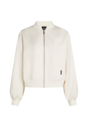 Veste bomber courte de couleur crème, dotée d'une fermeture éclair frontale, de poignets et ourlet côtelés, de deux poches latérales, d'une texture lisse et d'un col classique.