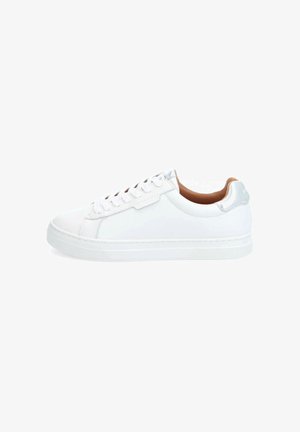 White leather sneakers featuring a smooth texture, rounded toe, and a subtle silver accent at the heel. Laced with white laces.