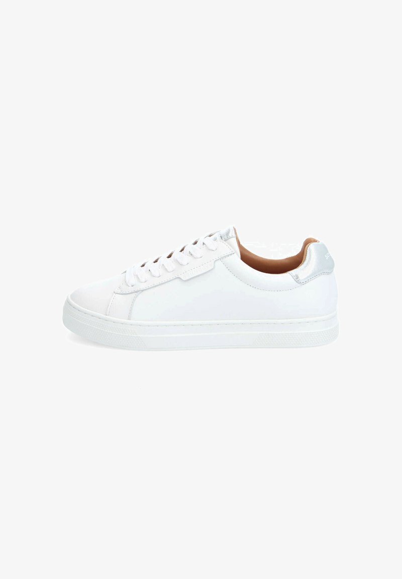 White leather sneakers featuring a smooth texture, rounded toe, and a subtle silver accent at the heel. Laced with white laces.
