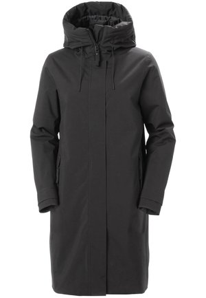 Černá parka s kapucí, vybavená předním zipem, stahovací šňůrkou a bočními kapsami. Hladká textura a rovný střih.