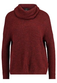 Sweter z kapturem w głębokim burgundzie, wykonany z miękkiej dzianiny. Posiada długie rękawy oraz luźny krój z prążkowanym wykończeniem u dołu.