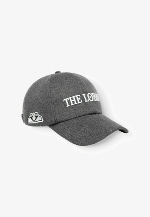 Casquette de baseball en laine grise avec "THE LOBBY" brodé en blanc à l'avant et un petit logo blanc sur le côté.