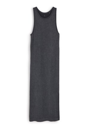 Beżowa sukienka bez rękawów, do kolan, z ciemnoszarego dzianinowego materiału z okrągłym dekoltem i bocznymi rozporkami. Charakteryzuje się teksturowaną, miękką powierzchnią.
