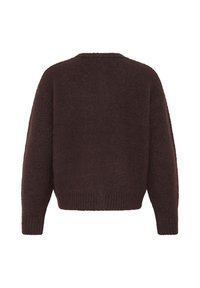 Pull en maille marron foncé à manches longues avec poignets, ourlet et encolure ronde côtelés, vu de dos sur fond blanc.