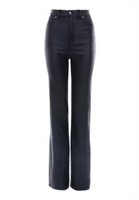Pantalon noir taille haute à coupe droite avec fermeture à bouton et à glissière devant, passants de ceinture et poches avant.