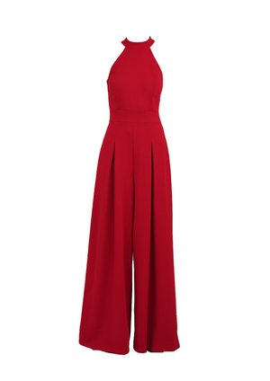 Rode mouwloze jumpsuit met hoge hals en wijde broekspijpen, met een getailleerde taille en voorplooien.
