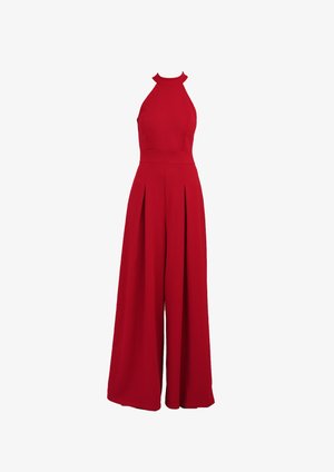 Red sleeveless jumpsuit with high neck and wide-leg pants, featuring fitted waist and front pleats.