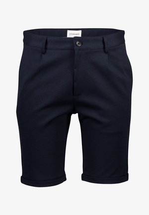 Pantalones cortos azul marino de tela suave, con un frente plano, dobladillos enrollados y un solo botón de cierre en la cintura.