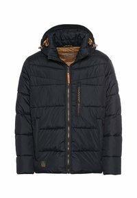 Marineblaue Steppjacke mit abnehmbarem Kapuze, Reißverschluss und kontrastierendem braunen Innenfutter. Verfügt über Reißverschluss-Brust- und Seitentaschen.