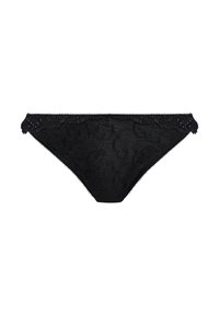 Černé krajkové tanga s květinovým vzorem, vykrojenými okraji a dekorativními kovovými akcenty. Hladký povrch s důmyslnými detaily.