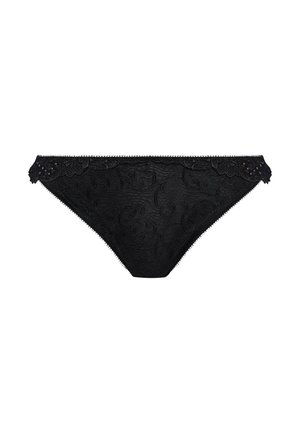 Tanga de encaje negro con patrón floral, bordes en forma de onda y acentos de hardware decorativos. Textura suave con detalles intrincados.